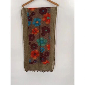 Womens Rikka Brown Loose Knit Scarf Flower Design Mini Pom Pom Edge 18x66"BOHO